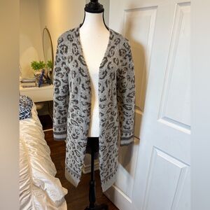 Cream Gray Leopard Print Longline Open Front Cardigan Sweater Size M